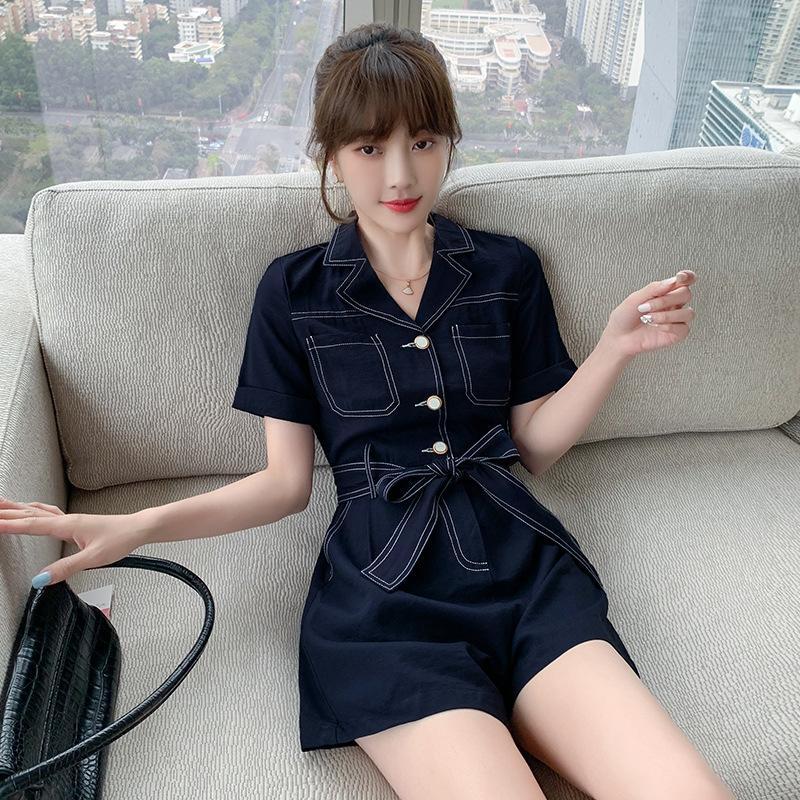 時尚小個子連衣褲夏季新款收腰寬鬆短袖高級感氣質闊腿復古連體褲