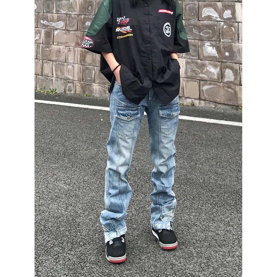 美式高街淺藍洗水藍做舊牛仔褲男潮牌嘻哈街頭顯瘦寬鬆直筒長褲子