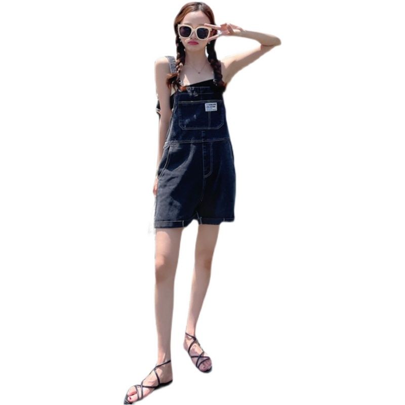 Xu Lin Mini denim suspender pants 2022 new women's summer wear age reduction loose straight casual one-piece shorts