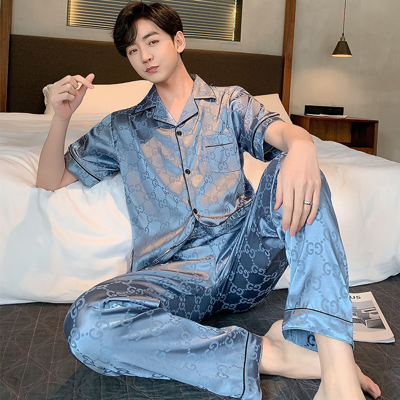 Ice silk pajamas men's summer short-sleeved trousers thin section large size loose silk high-end home service suit can be worn outside