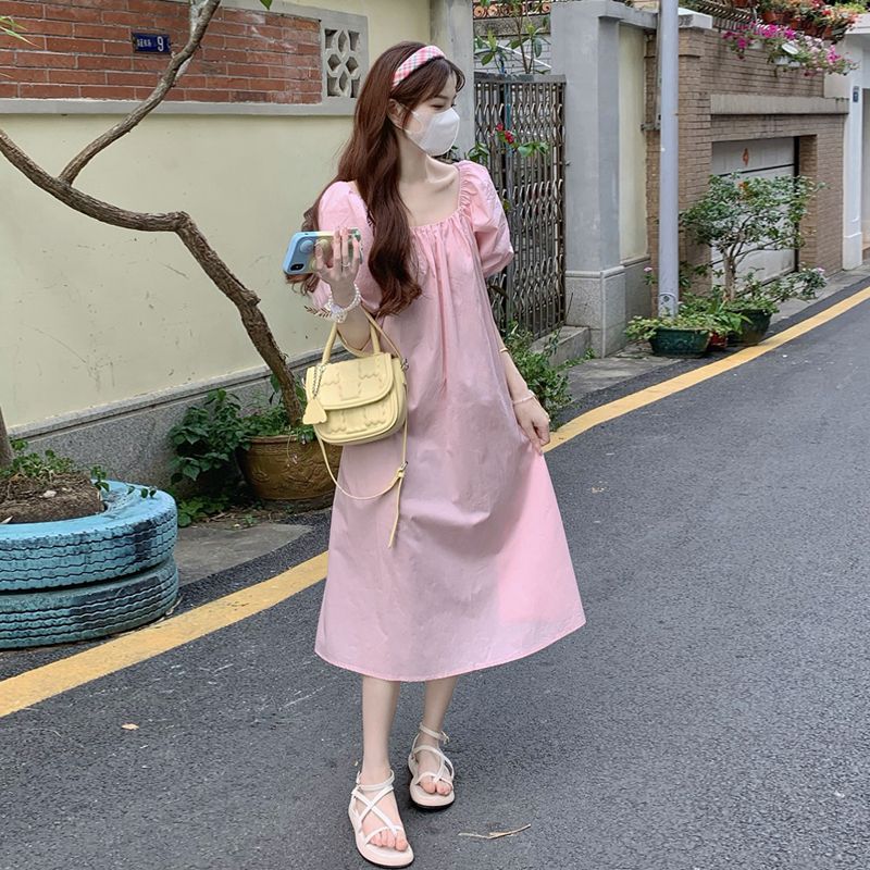 Pink square collar puff sleeve shirt dress female summer 2023 new small French gentle first love skirt