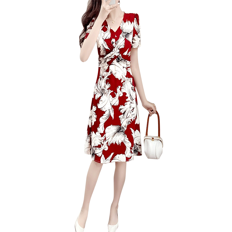 罗蒙职业装女裙夏季红色短袖v领印花长裙子前台接待工作服连衣裙