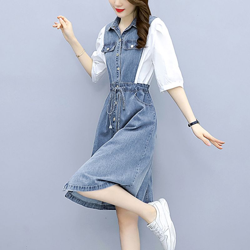 Large women's  new denim dress summer fat mm temperament foreign style age reduction belly covering thin skirt