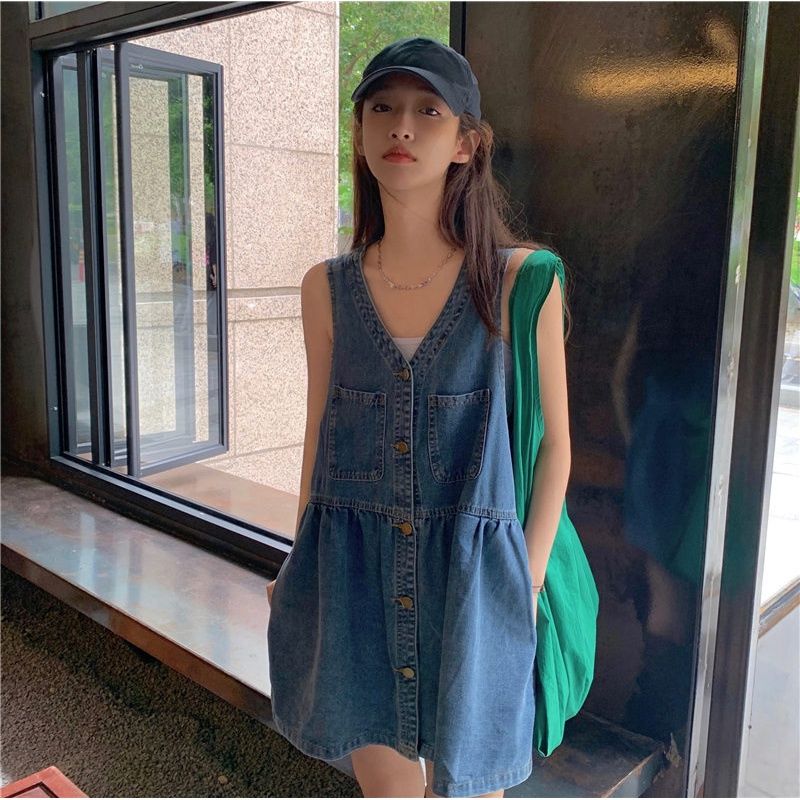 Xianchong sleeveless vest denim dress women's summer 2022 new Korean version loose small casual sling short