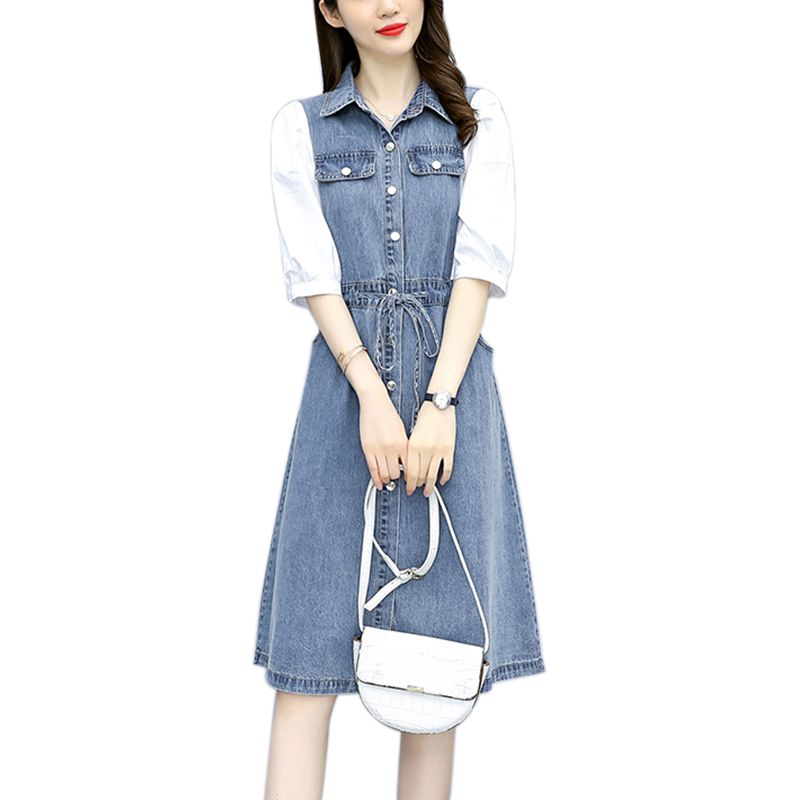 Large women's  new denim dress summer fat mm temperament foreign style age reduction belly covering thin skirt
