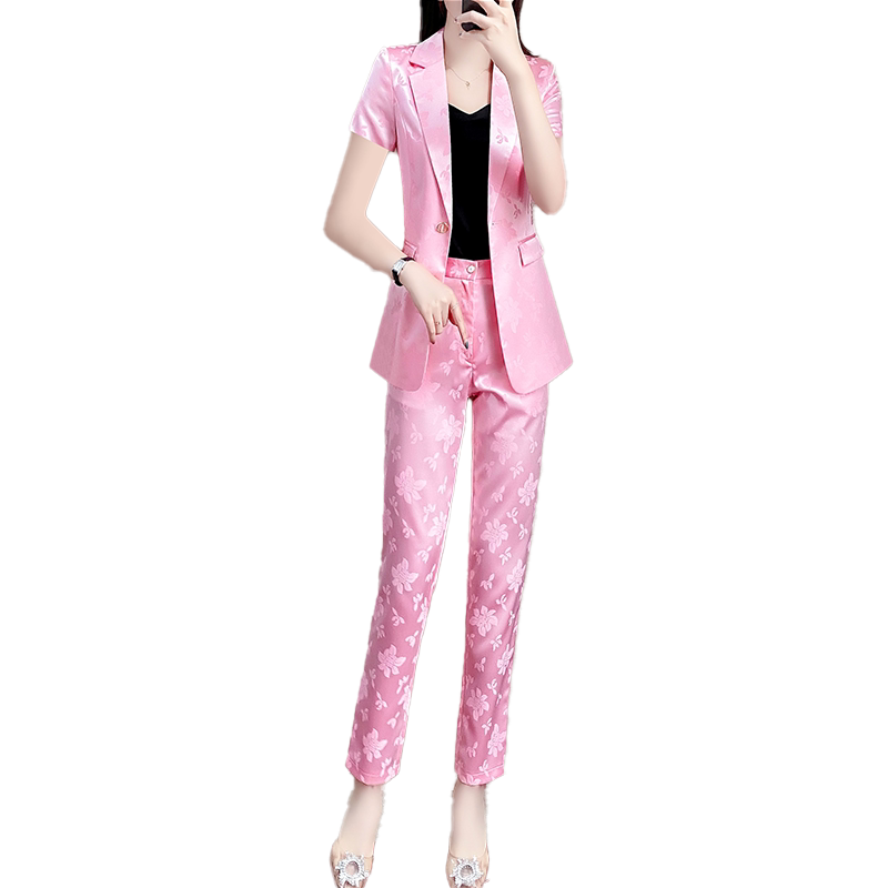 罗蒙西装外套女年新款夏季薄款粉色短袖提花西服上衣职业套装