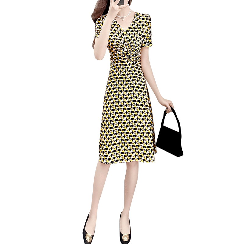 罗蒙职业装女裙新款黄色短袖碎花裙长裙高端前台工作装连衣裙