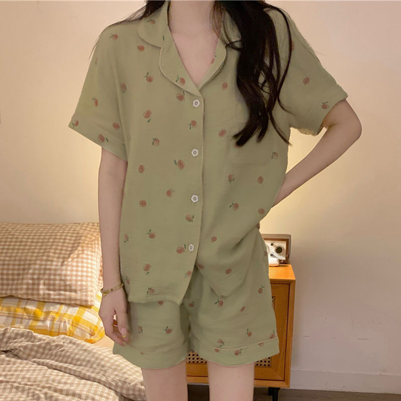 Summer can be worn outside  new small fresh short-sleeved cardigan pajamas women's Japanese sweet home clothes two-piece suit