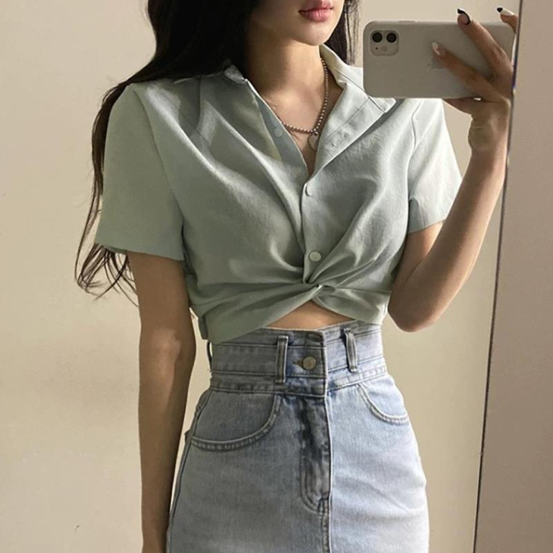 韩国chic夏季法式小众设计感上衣翻领高腰扭结显瘦露脐短款衬衫女