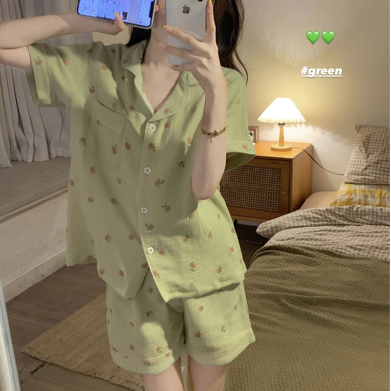 Summer can be worn outside  new small fresh short-sleeved cardigan pajamas women's Japanese sweet home clothes two-piece suit