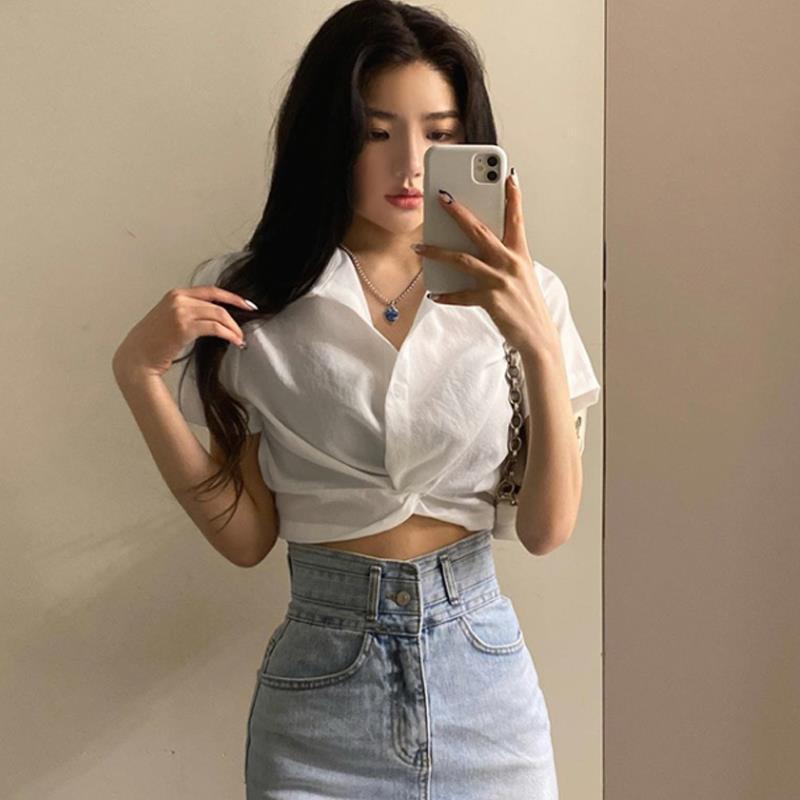 韩国chic夏季法式小众设计感上衣翻领高腰扭结显瘦露脐短款衬衫女