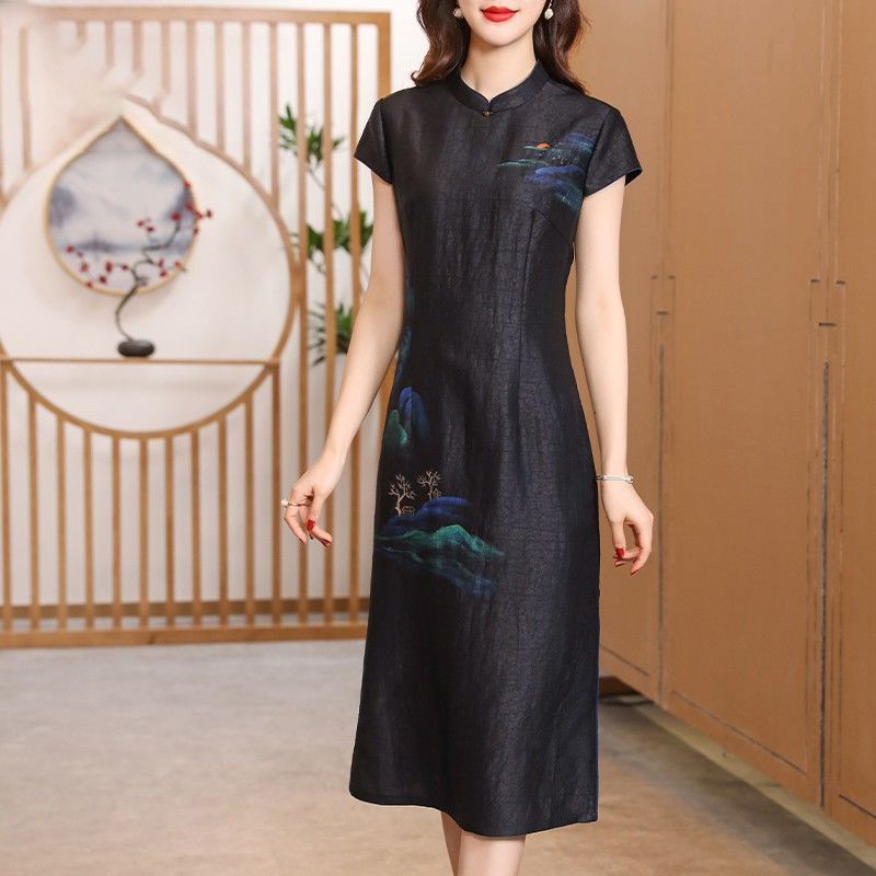 龜紋香雲紗連衣裙女2022夏新款高檔正宗桑蠶絲真絲顯瘦改良旗袍款