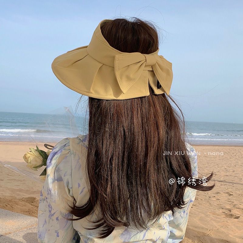 Can tie ponytail hat female Xia Dayan empty top sun hat female sunshade sunscreen anti-ultraviolet bow sun hat