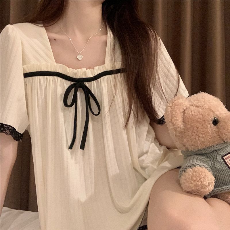 Korean version of ins summer square collar fungus side puff sleeve jacquard thin section short-sleeved shorts cream pajamas home clothes