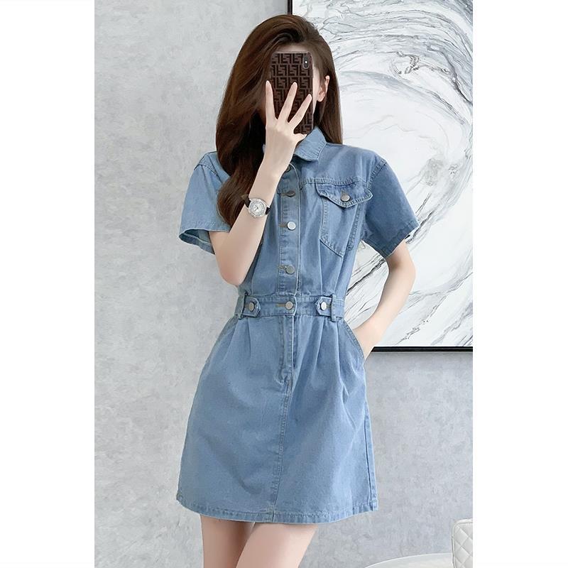 Small French can be salty and sweet to reduce age blue denim skirt women's summer high-end temperament waist polo collar dress