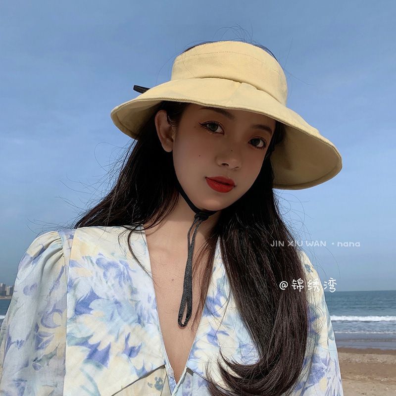 Can tie ponytail hat female Xia Dayan empty top sun hat female sunshade sunscreen anti-ultraviolet bow sun hat
