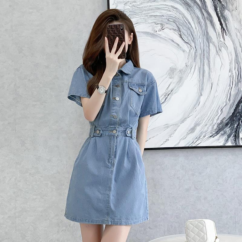 Small French can be salty and sweet to reduce age blue denim skirt women's summer high-end temperament waist polo collar dress