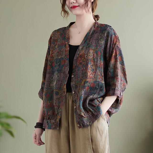 Large size summer women's sunscreen clothing ramie jacket female literary V-neck three-quarter sleeves cardigan short top female