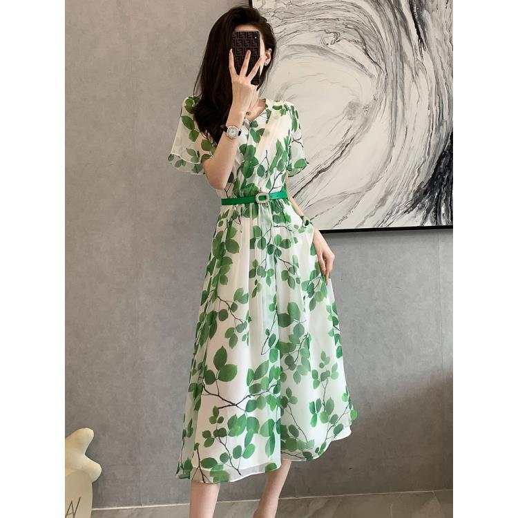 High-end fried street dress 2023 summer new style small fresh temperament chiffon waist waist slimming big swing long skirt