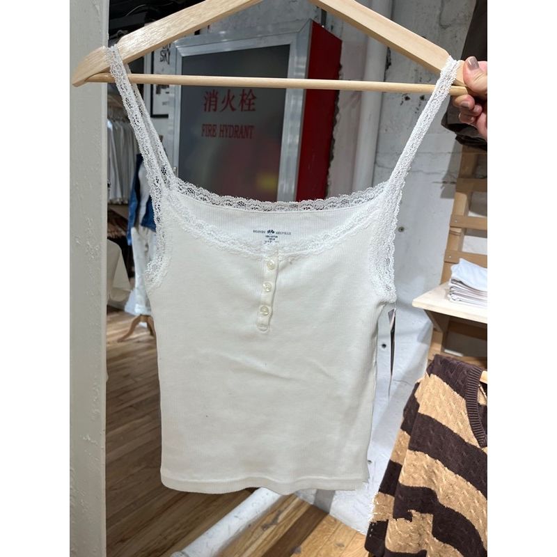 BrandyMelville夏季新款蕾絲花邊紐扣吊帶女外穿bm內搭羅紋背心潮