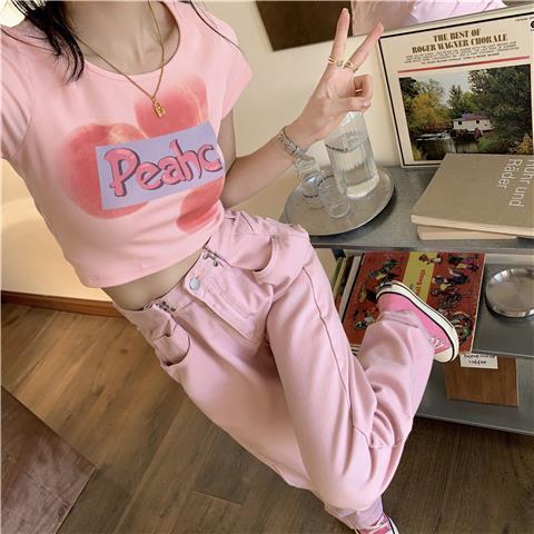 粉色牛仔褲女裝夏季2022新款小個子直筒寬鬆高腰顯瘦拖地闊腿褲子