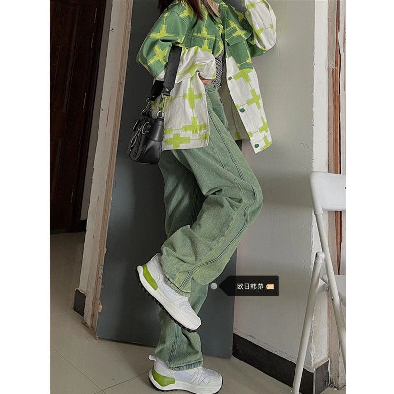 綠色褲子直筒牛仔褲女高腰褲子2022新款復古寬鬆闊腿褲垂感長褲潮