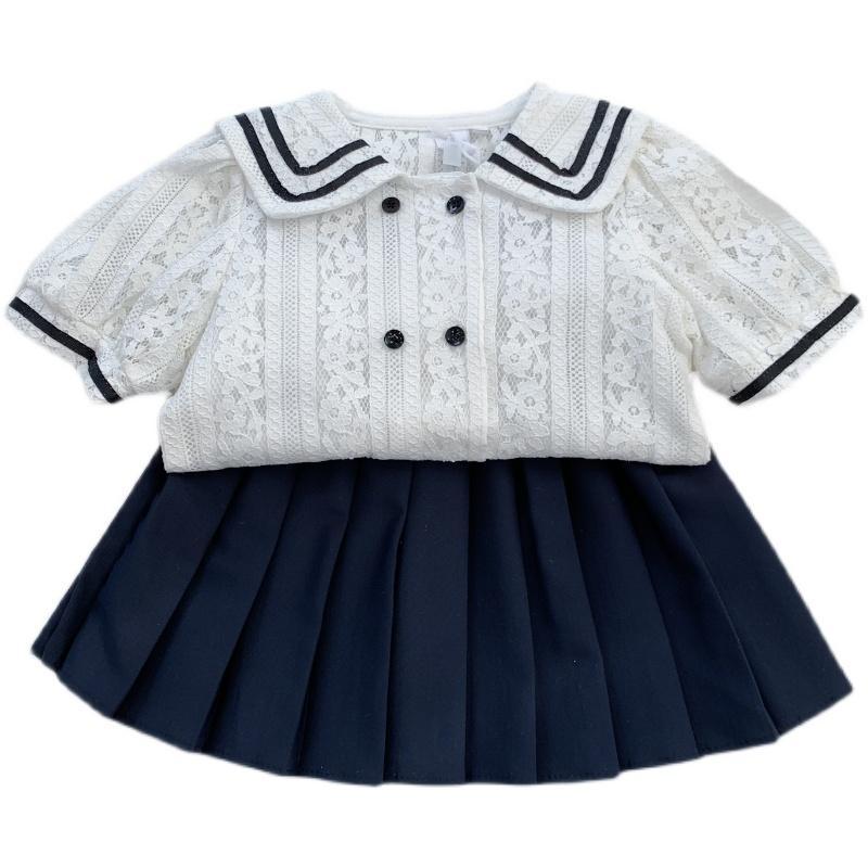 Girls' summer new suit  Korean version Navy style foreign style LACE SHORT SLEEVE TOP pleated skirt two piece suit fashion