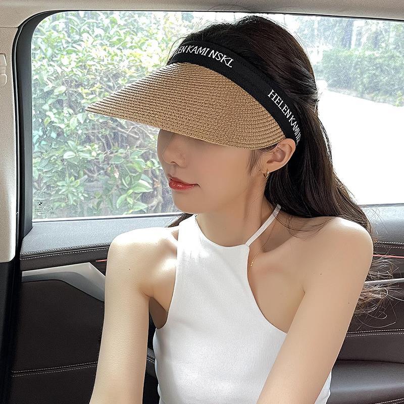 Korean version ins straw woven duck tongue empty top hat female spring and summer beach vacation sunshade straw hat without top headband sun hat