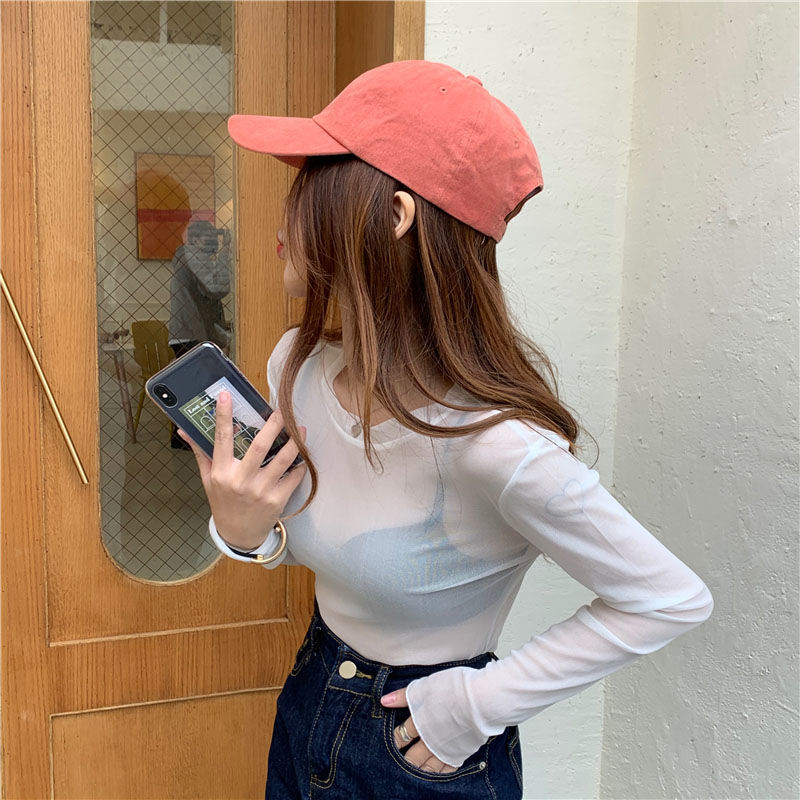 HyunA style mesh long-sleeved T-shirt for women summer loose thin ice silk sun protection shirt with lace super fairy top underneath