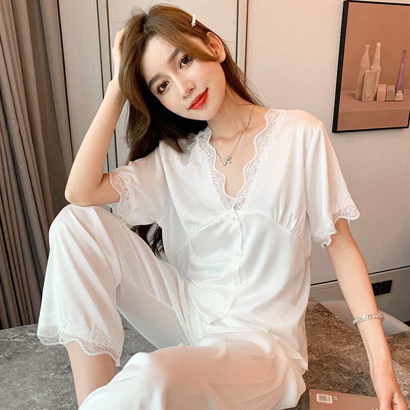 2022 new high-end pajamas women spring and autumn ice silk can wear short-sleeved trousers silk home clothes summer