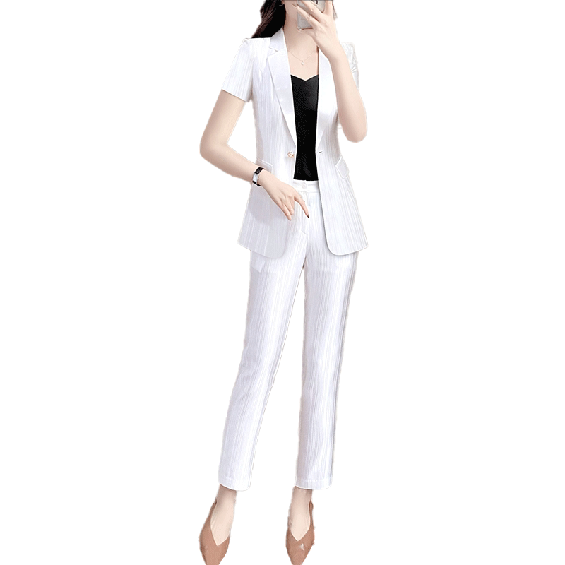 罗蒙西装外套女夏白色高级感条纹醋酸西服短袖职业套装气质工作服