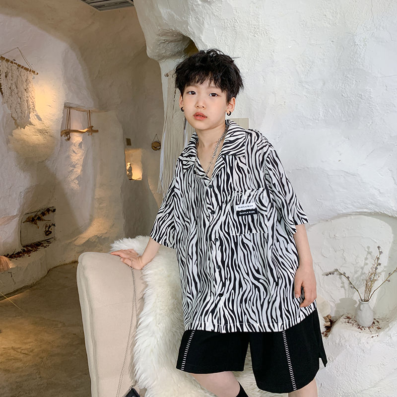2022新款原創網紅炸街男童襯衫短袖兒童薄款女童夏季斑馬紋潮上衣