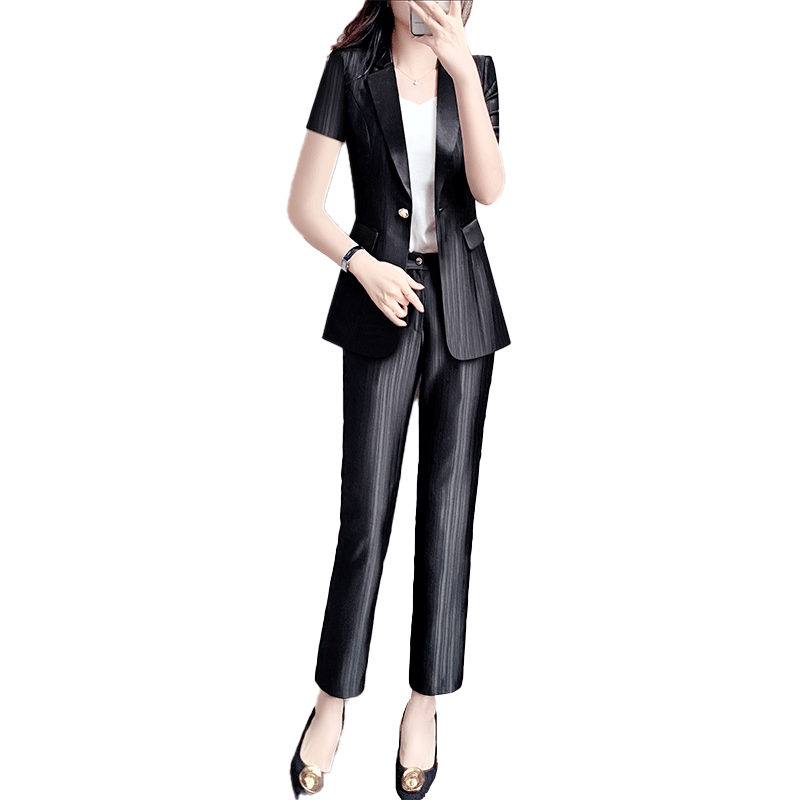 罗蒙西装外套女夏黑色短袖条纹醋酸西服气质女神范高端职业装套装