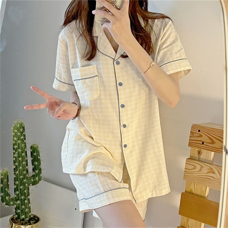 New plaid milk fufu short-sleeved shorts suit Japanese loose pajamas women's summer home service summer summer summer
