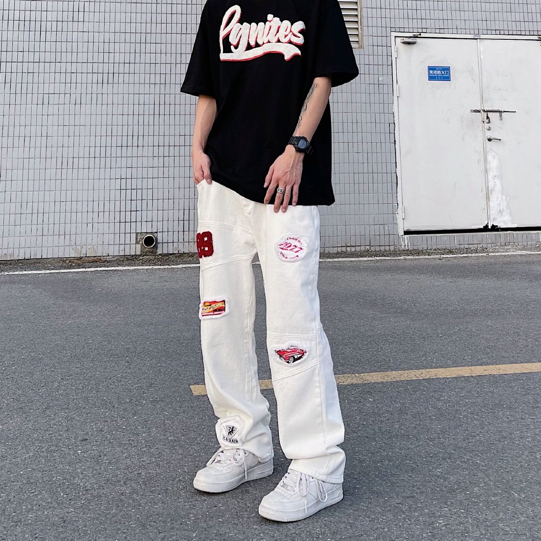 美式街頭嘻哈hiphop貼布白色牛仔褲男潮牌ins嘻哈直筒寬鬆長褲子