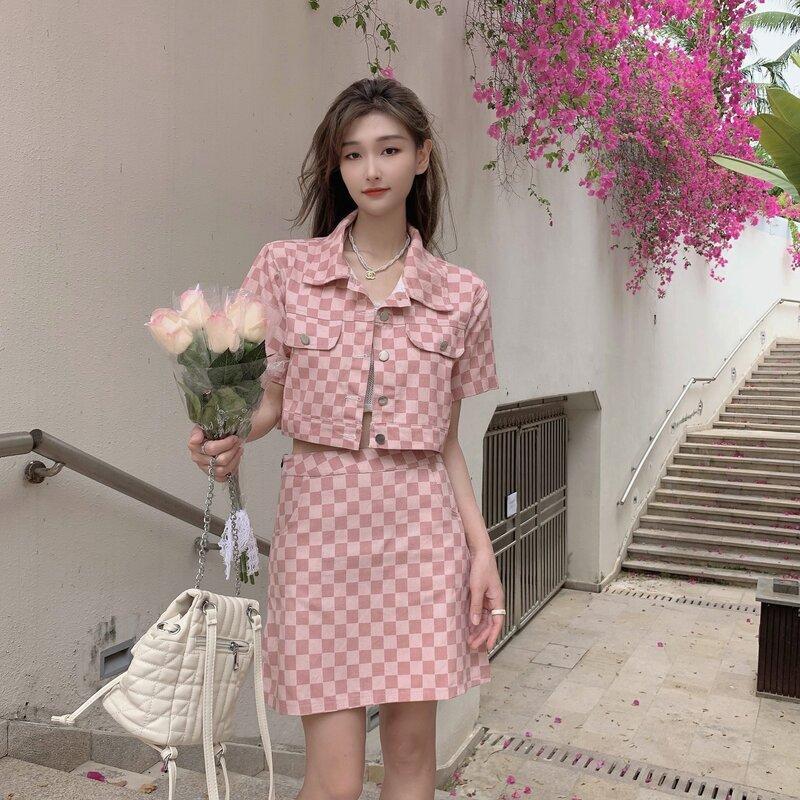 牛仔套裝女時尚減齡2022夏季新款粉色棋盤格外套半身裙辣妹兩件套