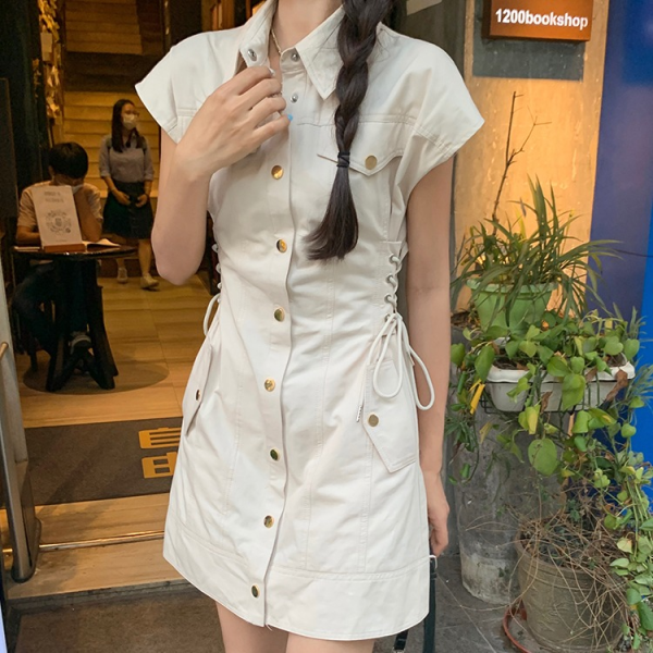 French tooling Hong Kong style unique daughter dress women's summer new light-cooked waist short sleeveless shirt
