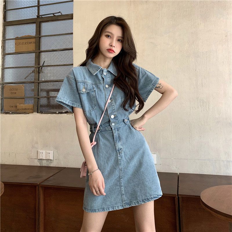 Denim shirt skirt small women summer waist skirt design sense niche French dress retro short-sleeved skirt