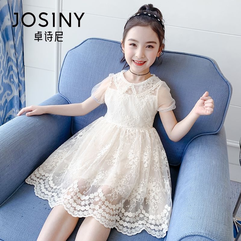卓詩尼女童連衣裙2023新款夏裝兒童中國風時尚蕾絲鏤空網紗公主裙