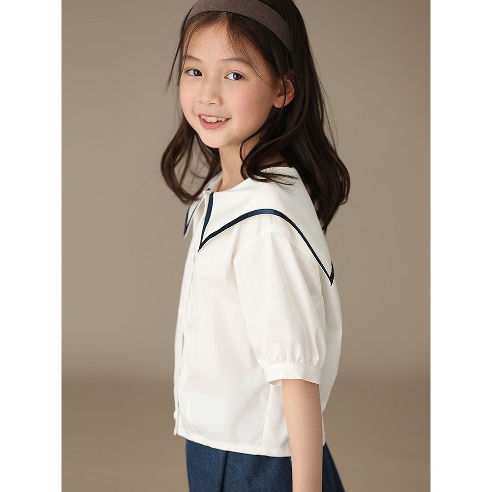 Children's clothing 2023 summer new girl's navy collar white cotton short-sleeved open button shirt college style shirt temperament [end on March 10]