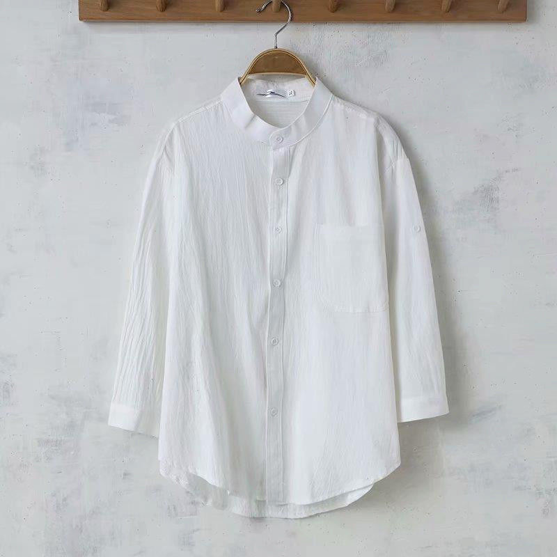 七分袖男士亚麻衬衫夏季新款宽松薄款透气纯色棉麻衬衣男白色中袖