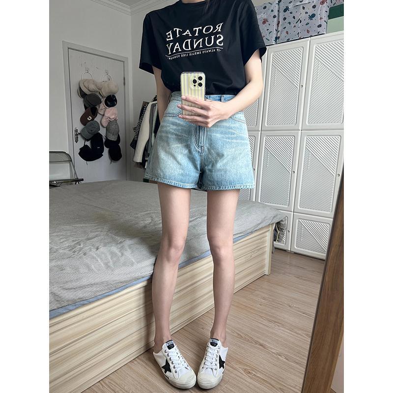 Retro light blue denim shorts women's  new Korean version loose high waist slim wide leg a-line hot pants trend