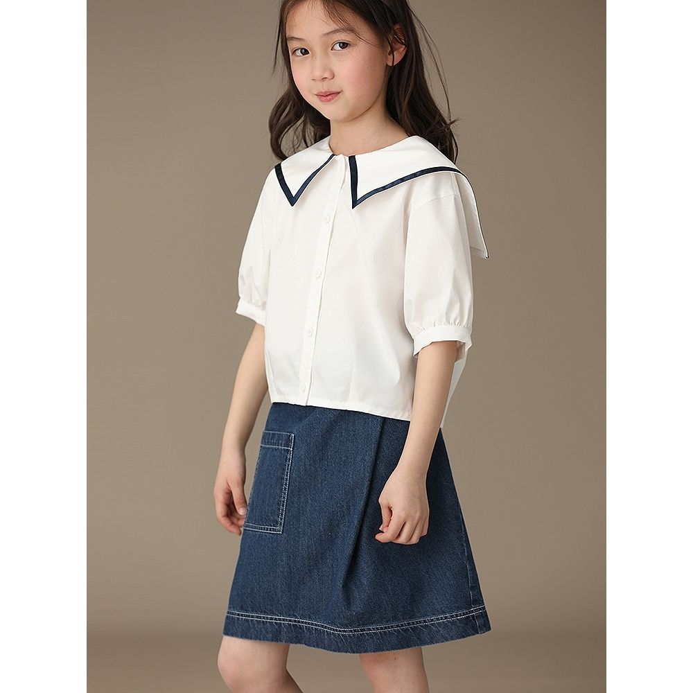 Children's clothing 2023 summer new girl's navy collar white cotton short-sleeved open button shirt college style shirt temperament [end on March 10]