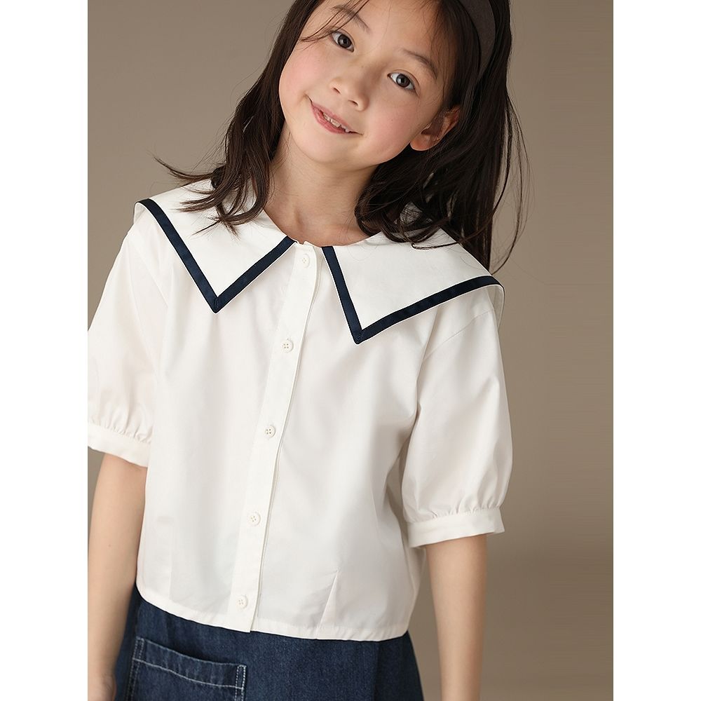 Children's clothing 2023 summer new girl's navy collar white cotton short-sleeved open button shirt college style shirt temperament [end on March 10]