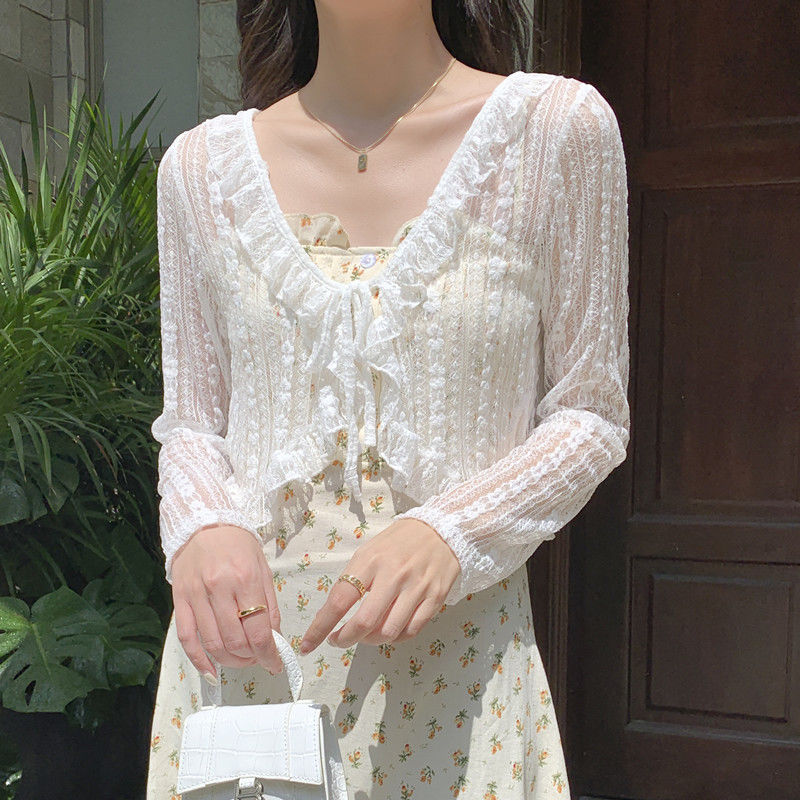 蕾絲外搭開衫女薄款披肩夏季搭配吊帶裙的小外套罩衫長袖上衣超仙