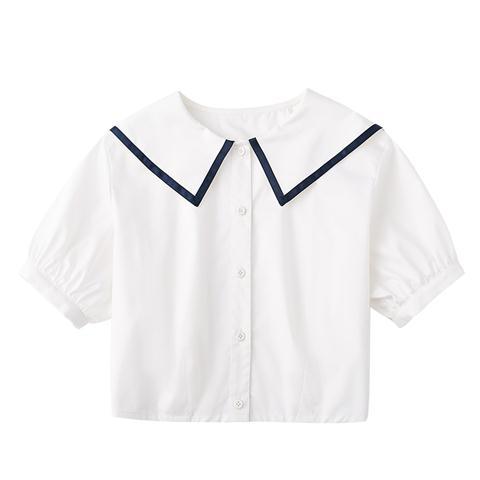 Children's clothing 2023 summer new girl's navy collar white cotton short-sleeved open button shirt college style shirt temperament [end on March 10]