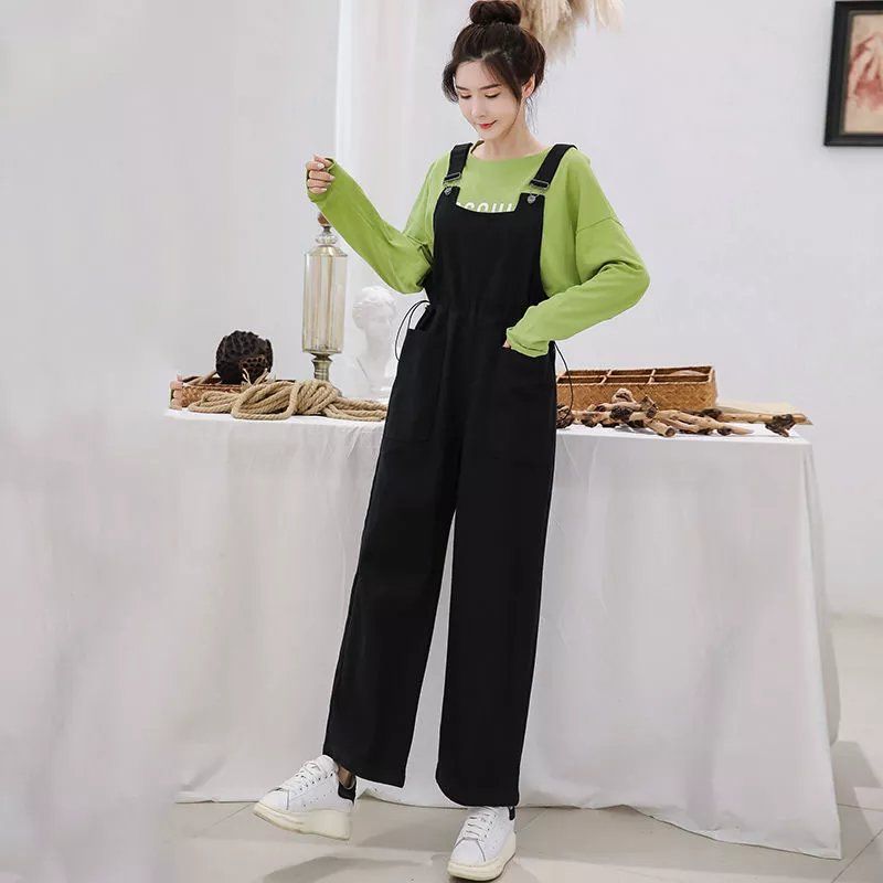 2022 new suspenders female student Korean loose casual high waist straight tube wide leg one-piece suspenders overalls