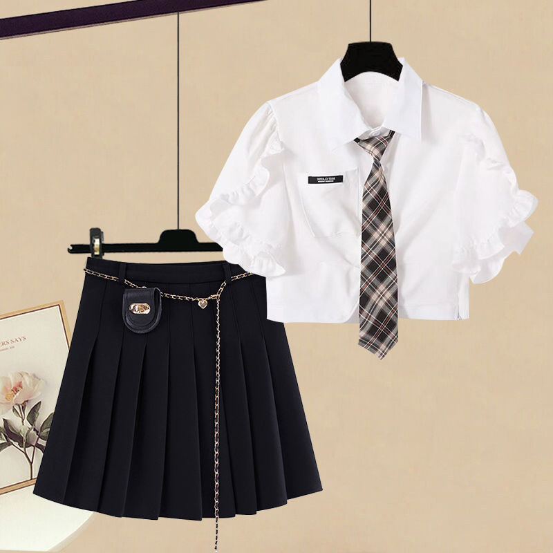 大碼女裝夏季套裝女2023新款收腰顯瘦百搭襯衫高腰百褶裙兩件套潮