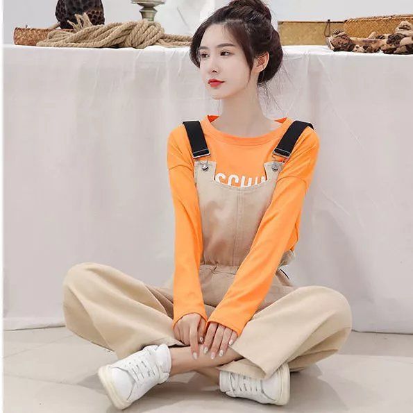 2022 new suspenders female student Korean loose casual high waist straight tube wide leg one-piece suspenders overalls
