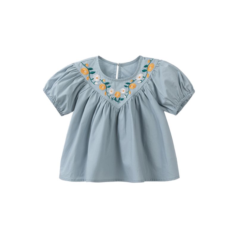 女童洋气泡泡袖短袖衬衫夏装新款女宝宝花朵刺绣时髦精致上衣